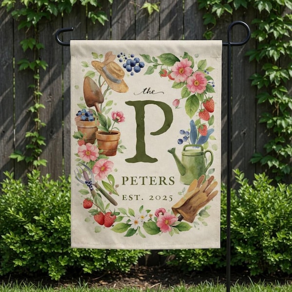 Bandera de jardín floral personalizada, bandera con inicial y nombre familiar personalizados, bandera de jardín con estética acuarela, decoración de jardín con monograma, bandera exterior personalizada