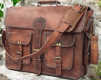 Handmade Goat Leather Messenger Bag, Vintage Office Satchel, 15 inch