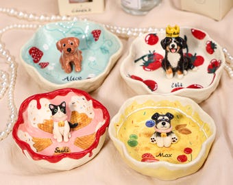 Plato personalizado para anillos de postres, frutas, fresas, tomates, helados, perros y gatos. Bandeja de cerámica personalizada para joyas. Regalo de cerámica hecha a mano para ella.