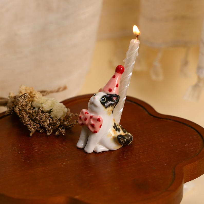 Pink Polka Dot Calico Cat Cake Topper Adorable Ceramic Candle Holder Kawaii Miniature Pet Figurine Birthday Party Decor Cat Lover Gift image 2