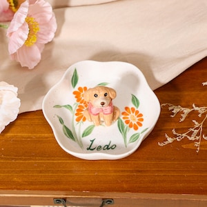 Custom Pet Orange Daisy Ring Dish Handmade Ceramic Dog Jewelry Tray Hand Painted Cottagecore Floral Trinket Bowl Personalized Pet Lover Gift