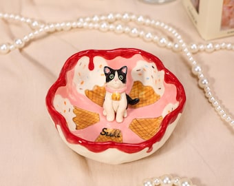 Plato para anillos de mascotas personalizado y original, plato para anillos de helado con forma de gato, bandeja de joyería de cerámica personalizada, cuenco para baratijas hecho a mano, regalo para mamás de mascotas