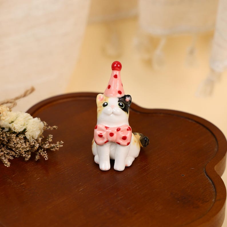 Pink Polka Dot Calico Cat Cake Topper Adorable Ceramic Candle Holder Kawaii Miniature Pet Figurine Birthday Party Decor Cat Lover Gift image 6