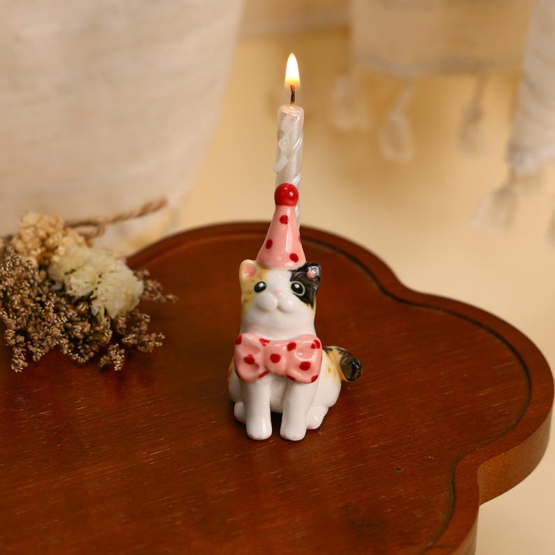 Pink Polka Dot Calico Cat Cake Topper Adorable Ceramic Candle Holder Kawaii Miniature Pet Figurine Birthday Party Decor Cat Lover Gift image 4