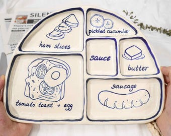 Bandeja de cerámica personalizada para almuerzo y refrigerio, de 26 x 19 cm, color azul, hecha a mano, con divisor, plato para aperitivos de frutas, plato de cerámica.