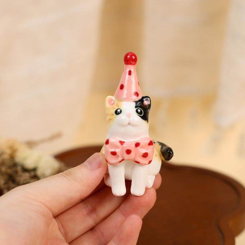 Pink Polka Dot Calico Cat Cake Topper Adorable Ceramic Candle Holder Kawaii Miniature Pet Figurine Birthday Party Decor Cat Lover Gift image 11