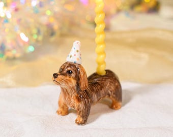 Dachshund Dog Polka Dot Hat Cake Topper Whimsical Party Ceramic Figurine Candle Holder Handmade Pottery Miniature Birthday Pet Lover Gift