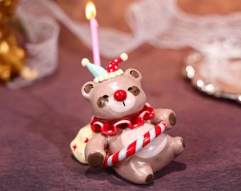 Adorno para tarta de oso de circo kawaii, portavelas de cumpleaños, figura de animal de cerámica hecha a mano, bufón, payaso, decoración para fiesta, regalo