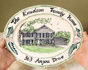 Plato personalizado de 27 cm con diseño de casa en acuarela, colorido y hecho a mano, ideal como recuerdo conmemorativo, perfecto para una nueva casa, bodas o como regalo único para inauguración de casa.