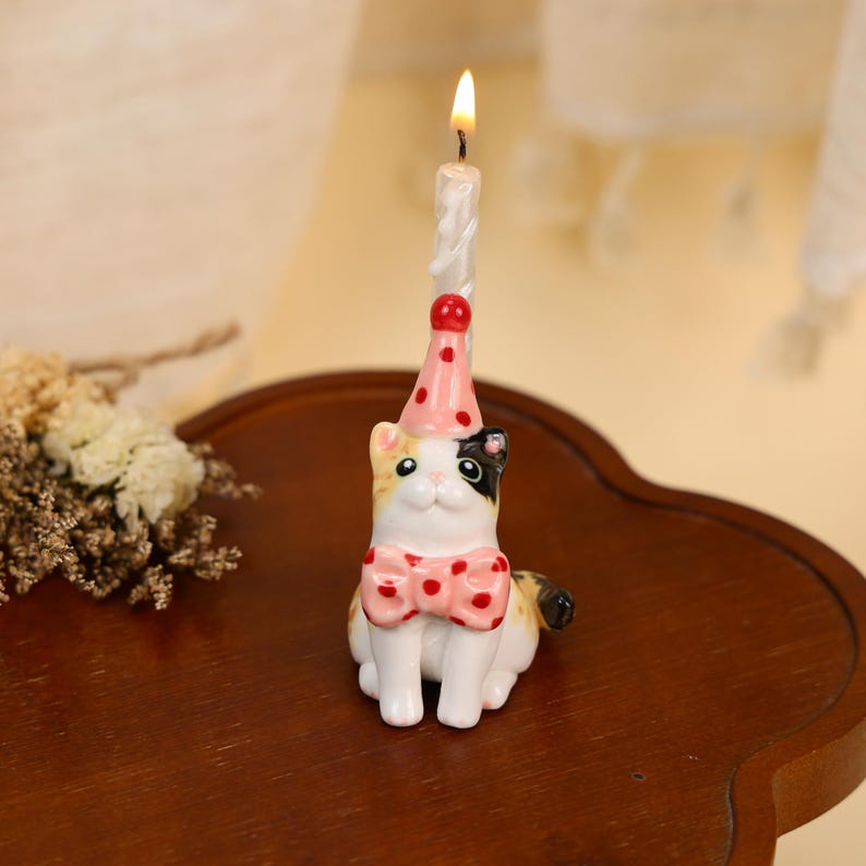 Pink Polka Dot Calico Cat Cake Topper Adorable Ceramic Candle Holder Kawaii Miniature Pet Figurine Birthday Party Decor Cat Lover Gift image 5
