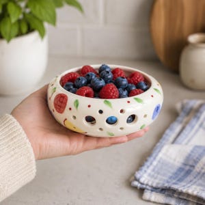 Colorful Fruit Ceramic Berry Bowl Hand Painted Blueberry Raspberry Lemon Colander Produce Washer Summer Kitchen Housewarming Gift for Her