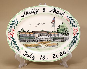 Plato personalizado para lugar de boda, pintado a mano, con retrato de casa, bandeja de cerámica personalizada de 27 cm, regalo de aniversario, recuerdo.