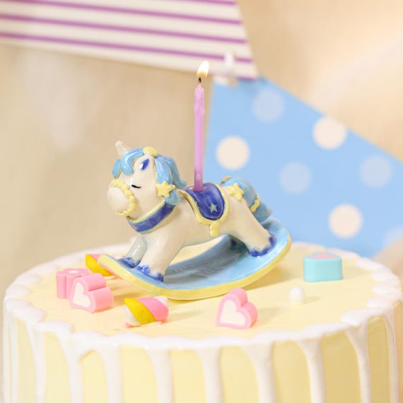 Blue Rocking Horse Cake Topper Ceramic Candle Holder Cute Carousel Pony Birthday Cake Decor Pastel Baby Shower Party Gift Favor