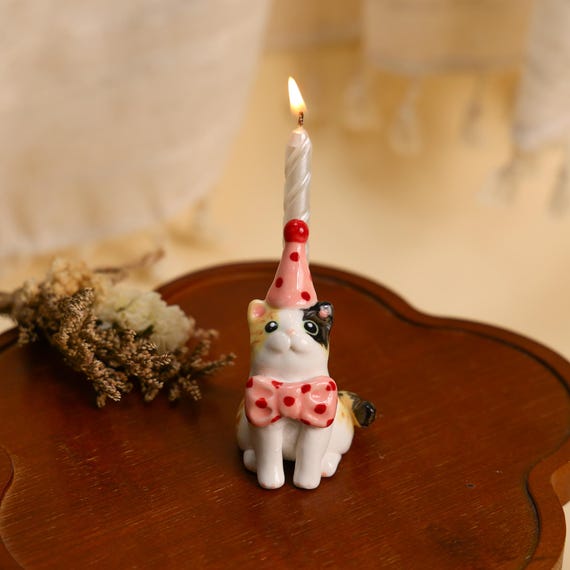 Pink Polka Dot Calico Cat Cake Topper Adorable Ceramic Candle Holder Kawaii Miniature Pet Figurine Birthday Party Decor Cat Lover Gift