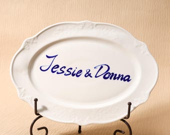 Gepersonaliseerde bruiloft verlovingsschaal handgeschreven 30 x 20 cm aangepaste naam keramische plaat paar naamblad gedenkteken aandenken bruids douchecadeau