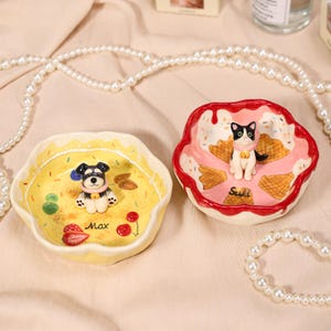 Custom Dessert Pet Ring Dish Yellow Berry Ice Cream Cat Dog Ring Dish Personalized Clay Jewelry Tray Handmade Pottery Trinket Bowl Cute Gift
