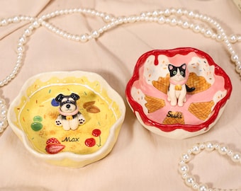 Plato personalizado para anillos de postres y mascotas, helado de bayas amarillas, plato para anillos de gatos y perros, bandeja de joyería de arcilla personalizada, cuenco de cerámica hecho a mano, lindo regalo