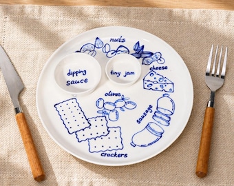Custom Brunch Dippy Snack Plate Dinner Tray Cheeseboard Blue 21cm Ceramic Plate Hand-Painted Board Personalized charcuterie board wine night
