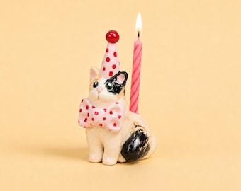 Adorno para pastel de gato calico rosa con lunares, adorable portavelas de cerámica, figura de mascota en miniatura kawaii, decoración para fiesta de cumpleaños, regalo para amantes de los gatos