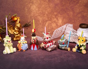 Adorno para tarta de cumpleaños de animales de circo, candelabro de payaso hecho a mano, decoración vintage para el hogar, foca caprichosa, oso, gato, koala, decoración para fiestas.