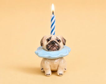 Blue Ruffle Fawn Pug Cake Topper Adorable Ceramic Candle Holder Kawaii Miniature Pet Figurine Birthday Party Decor Dog Lover Gift