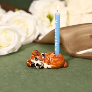 May include: A ceramic dog figurine in a lying position with brown and white fur, wearing a red, white, and blue collar. A light blue birthday candle with the white text Happy Birthday is inserted into a holder on the dog's back.