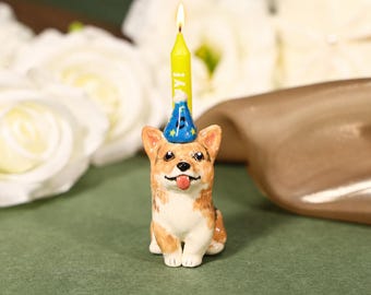 Feestelijke blauwe sterhoed driekleurige Corgi taarttopper schattige keramische kaarshouder kawaii miniatuur huisdier beeldje verjaardagsfeestje decor cadeau