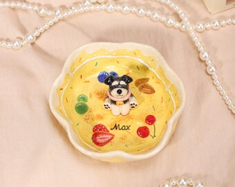 Plato para anillos de mascotas personalizado con frutas amarillas y bayas, plato para anillos de perros, bandeja de joyería de cerámica personalizada, cuenco de baratijas de cerámica hecho a mano, regalo conmemorativo para mi mascota