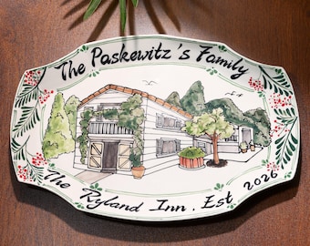 Plato grande personalizado con retrato de casa colorido de 42 cm (16,5"), plato decorativo de acuarela personalizado, pintado a mano, bandeja para servir en casa o boda.