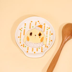 Kawaii Bunny Ceramic Spoon Rest Cozy Winter Rabbit Pottery Kitchen Holder Cute Puppy Dog Dish Handmade Warm Orange Stoneware Kitchen Decor