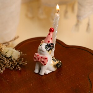 Pink Polka Dot Calico Cat Cake Topper Adorable Ceramic Candle Holder Kawaii Miniature Pet Figurine Birthday Party Decor Cat Lover Gift image 3