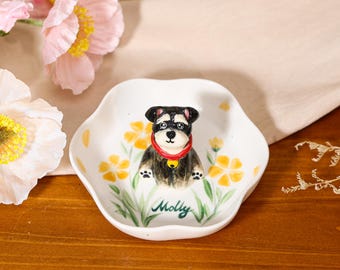 Plat à bagues pour animal de compagnie peint à la main personnalisé jaune floral en céramique bijoux plateau fait main 3D chien chat portrait bibelot bol cadeau commémoratif pour animal de compagnie personnalisé