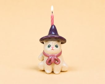 Paarse heksenhoed witte kat taarttopper schattige keramische kandelaar kawaii miniatuur huisdier beeldje verjaardagsfeestje decor kattenliefhebber cadeau