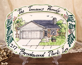 Custom Handpainted House Portrait Platter From Photo 34cm 13.4 Inch Ceramic Family Name Plate New Home Wedding Housewarming Keepsake Gift