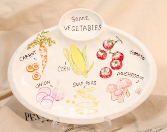 Custom Snack Plate Chip Dip Dish Ceramic Tray Carrot Tomato Mushroom Handpainted Veggie Plate Cute Kitchen Serving Dish Gift
