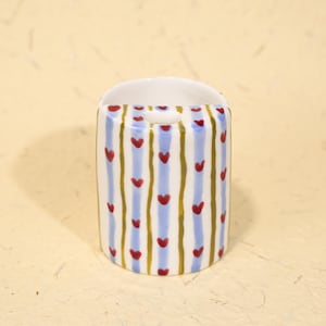 Coquette Blue Striped Red Heart Travel Mug Cute Ceramic Cup Handmade Pottery Tumbler Charming Aesthetic Drinkware Romantic Valentine Gift