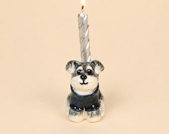 Blue Sweater Schnauzer Dog Cake Topper Adorable Ceramic Candle Holder Kawaii Miniature Pet Figurine Birthday Party Decor Dog Lover Gift