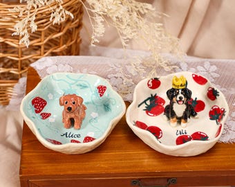 Plato para anillos de mascotas personalizado, color verde menta, plato para anillos de perro, bandeja de joyería de cerámica personalizada, cuenco de baratijas de cerámica hecho a mano, regalo de fresa y tomate