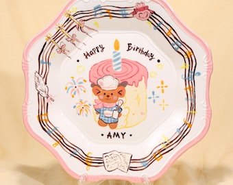 Aangepaste verjaardag muziek beer 10" bord gepersonaliseerde sprookje keramische taartschaal roze geschulpte kinderfeest servies handgeschilderd dessert