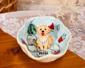 Plato para anillos de mascotas personalizado con diseño de frutas de verano, sandía azul, bandeja de cerámica personalizada para joyas, cuenco de cerámica hecho a mano para baratijas, regalo para mamás de perros.