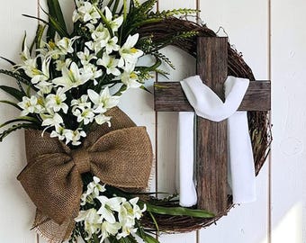 Easter Cross Wreath for Front Door, Rustic Burlap Bow Wreath, Christian Easter Decor, Spring Door Wreath, Religious Easter Door Decor