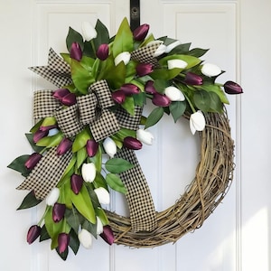 Spring Tulip Wreath for Front Door, Artificial Flower Wreath, Farmhouse Door Decor, Easter Spring Decoration, Floral Door Hanging