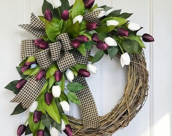 Vårtulpankrans för ytterdörr, konstgjord blomsterkrans, bondgårdsdörrdekor, påskvårdekoration, blomsterdörrhänge