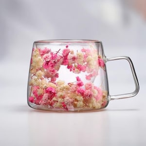 Blommig dubbelväggig glasmugg, estetisk kaffekopp, söt temugg, present till mamma, mors dag-present