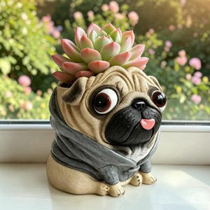 Cute Pug Succulent Planter, Funny Dog Flower Pot, Resin Animal Plant Pot, Indoor Outdoor Garden Decor, Bonsai Cactus Planter, Gift