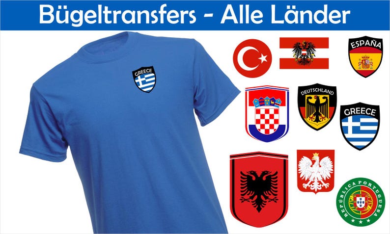 K&ouml;nnte beinhalten: Ein blaues T-Shirt mit einem griechischen Flaggenemblem auf der Brust. Das Bild zeigt auch verschiedene L&auml;nderflaggen und Embleme, darunter die T&uuml;rkei, &Ouml;sterreich, Spanien, Kroatien, Deutschland, Albanien, Polen und Portugal. Der Text "B&uuml;geltransfers - Alle L&auml;nder" steht oben.
