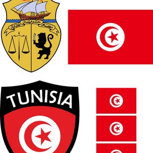 Peut inclure: Plusieurs symboles nationaux tunisiens. Comprend le drapeau tunisien, un écusson avec le mot "TUNISIA", et les armoiries tunisiennes, avec un navire, des balances, un lion et un croissant de lune avec une étoile.