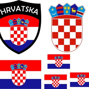 May include: Various Croatian national symbols are displayed, including the coat of arms and flags. The coat of arms features a red and white chequered shield, crowned with a crest. The flags have red, white, and blue horizontal stripes.