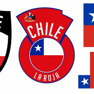 May include: Three designs featuring the flag of Chile. The first is a shield with a black border and the word "CHILE" at the top. The second is a circular design with the words "CHILE" and "LA ROJA". The third design is a flag with three vertical red stripes.