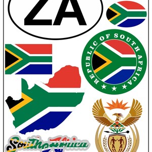 Könnte beinhalten: Eine Sammlung von Aufklebern und Abziehbildern mit südafrikanischen Motiven. Enthält die Flagge, eine Kartenumriss, den Text "South Africa" und die Buchstaben "ZA" in einem Oval.